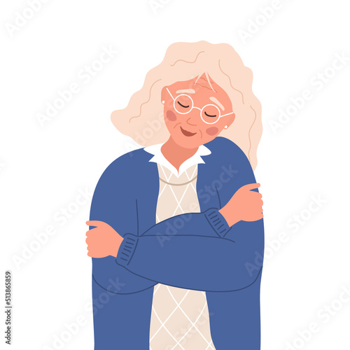 Love yourself. Self care. Mental health concept. Happy elderly woman hugging herself. Smiling aged lady enjoys her freedom. Vector illustration in flat cartoon style.