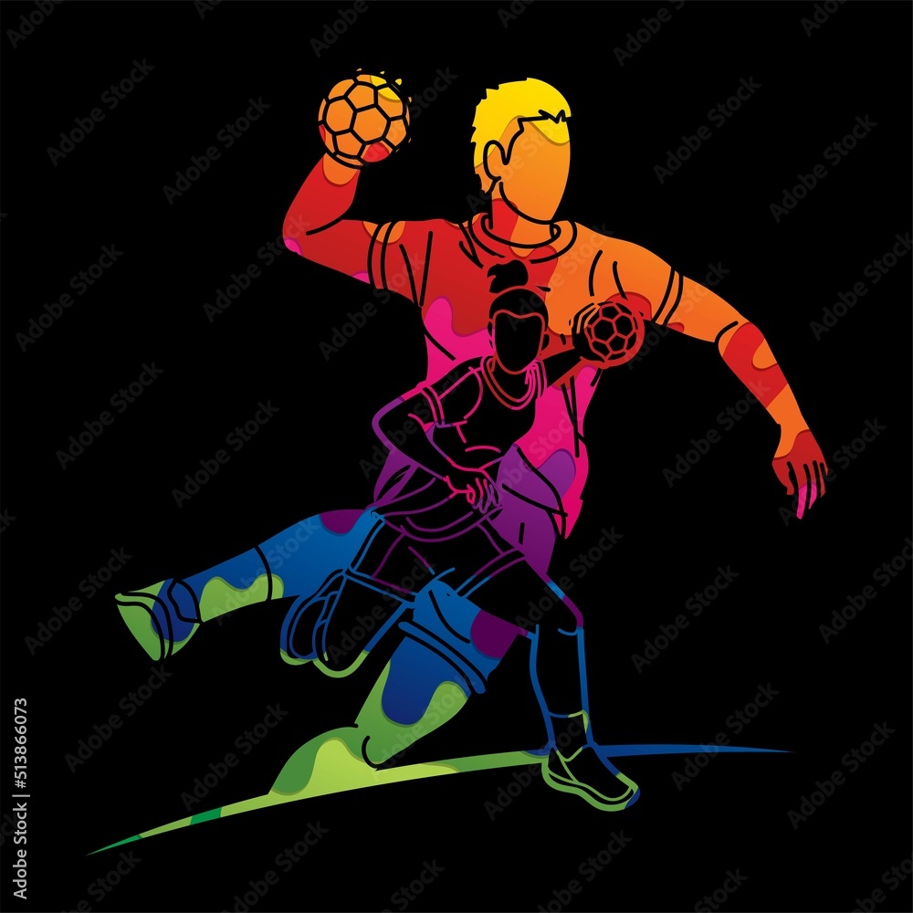 Fototapeta premium Group of Handball Players Male and Female Cartoon Sport Action 