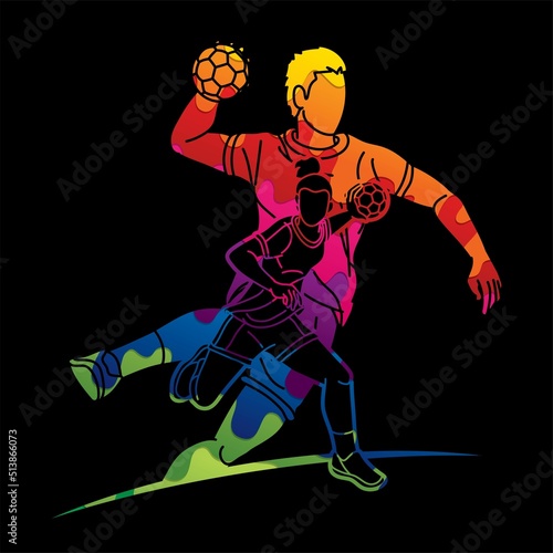 Group of Handball Players Male and Female Cartoon Sport Action 