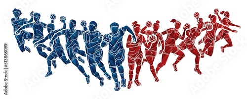 Group of Handball Players Male and Female Cartoon Sport Action 