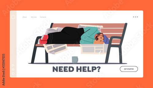 Homeless People Need Help Landing Page Template. Poor Bum Male Character in Dirty Ragged Clothes Sleeping on Bench