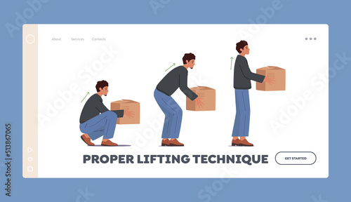Proper Lifting Technique Landing Page Template. Correct Lift of Heavy Box Concept. Man Stand Up with Cardboard Package