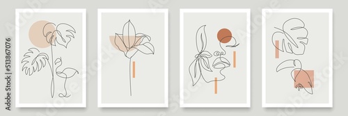 Line Art Drawings Set with Tropical Leaves and Woman Fase. Monstera Leaf Minimalist Trendy Contemporary Design Perfect for Wall Art, Prints, Social Media, Posters, Invitations, Branding Design. Vector