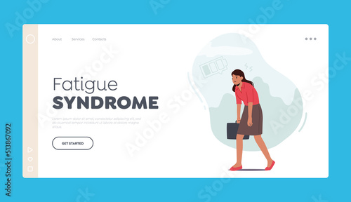Fatigue Syndrome Landing Page Template. Sleepy Woman Walking at Work. Tired or Haggard Businesswoman with Low Battery