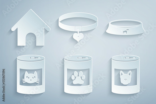 Set Canned food, Pet bowl, for cat, dog, Collar and heart and Dog house icon. Vector