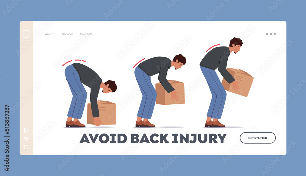 Avoid Back Injury Landing Page Template. Correct Lift of Heavy Box Concept. Man Stand Up with Cardboard Package in Hands