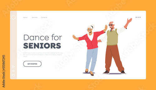 Senior Characters Dance Hobby Landing Page Template. Old Couple Dancing, Elderly People Active Lifestyle Together, Date