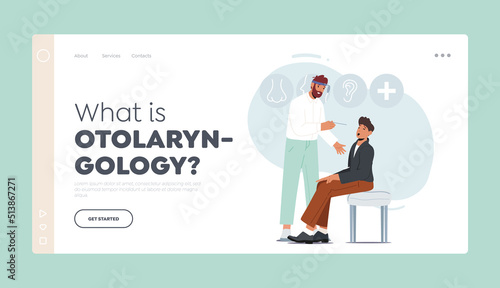 Otolaryngology Landing Page Template. Otolaryngologist Looking Child Throat. Doctor and Kid Characters on Medical Exam