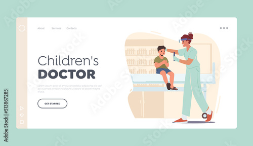 Pediatric Clinic Landing Page Template. Child at Doctor Appointment in Hospital. Ent Examining Ears of Kid, Hearing Test