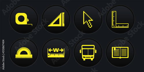 Set Protractor grid, Folding ruler, Measuring height and length, Bus, Pixel arrow cursor, Triangular, Open book and Roulette construction icon. Vector