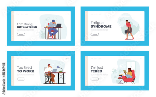Tired People Landing Page Template Setю Drowsy Workers in Office, Sleepy Driver in Car, Student, Overworked Characters