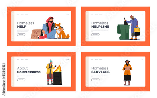 Homeless People Landing Page Template Set. Beggars Characters Begging Money, Need Help and Work, Bums in Ragged Clothing