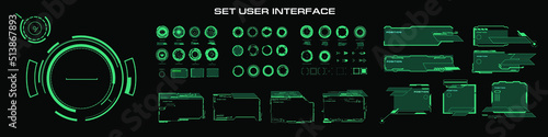 Big set of vector HUD elements. Futuristic dialogue frames with text, callouts, circles and titles for modern video game screens. Modern digital HUD user interface