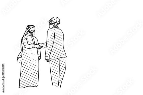 Arab sheikh invest in building construction. Hand drawn vector illustration design
