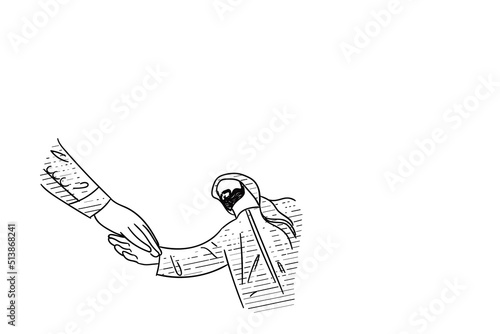 Concept of arab investment. Arab business man handshake with non arab, bottom view. Hand drawn vector illustration design