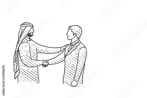 Concept of arab investment. Arab business man handshake with non arab. Hand drawn vector illustration design