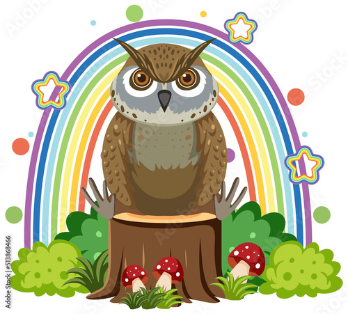 Cute owl on stump in flat cartoon style