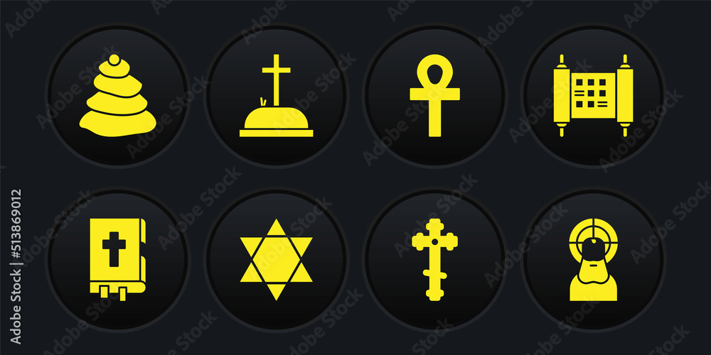 Set Holy bible book, Decree, paper, parchment, scroll, Star of David, Christian cross, Cross ankh, Tombstone with, Jesus and Stack hot stones icon. Vector Set Holy bible book, Decree, paper, parchment, scroll, Star of David, Christian cross, Cross ankh, Tombstone with, Jesus and Stack hot stones icon. Vector