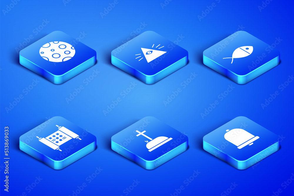 Set Church bell, Moon, Tombstone with cross, Decree, paper, parchment, scroll, Masons and Christian fish icon. Vector Set Church bell, Moon, Tombstone with cross, Decree, paper, parchment, scroll, Masons and Christian fish icon. Vector