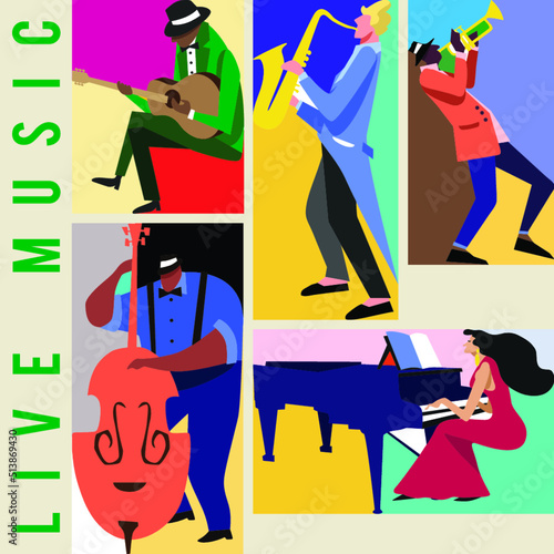 Music Festival Colorfull Jazz Musicians Flat Vector illustration