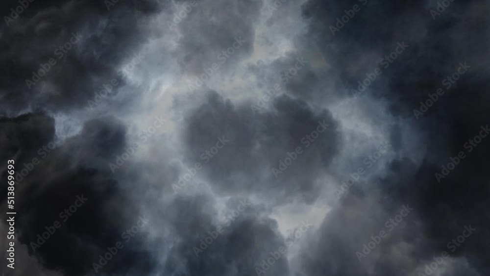 4k point of view, entered a dark cloud with thunderstorm