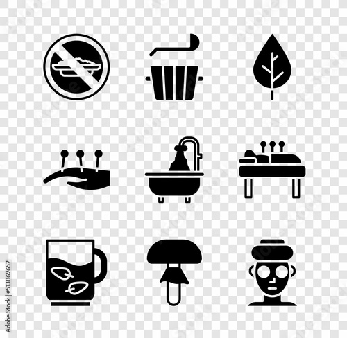 Set Food no diet, Sauna bucket and ladle, Leaf, Cup of tea leaf, Mushroom, Facial cosmetic mask, Acupuncture therapy and Bathtub icon. Vector