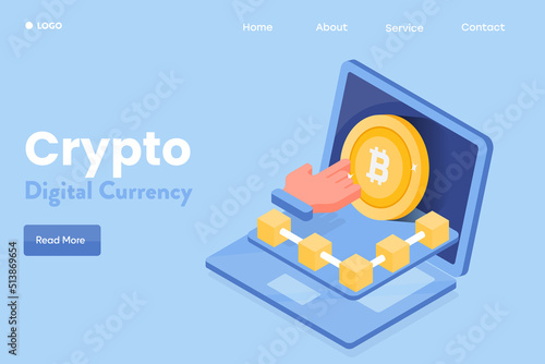 3d illustration concept of laptop computer with virtual money - crypto currency payment, financial data, blockchain technology  - flat design vector web banner, landing page template.