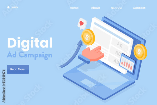 Digital ads, social media advertising campaign, paid media marketing on laptop screen, 3d illustration flat design web banner template.