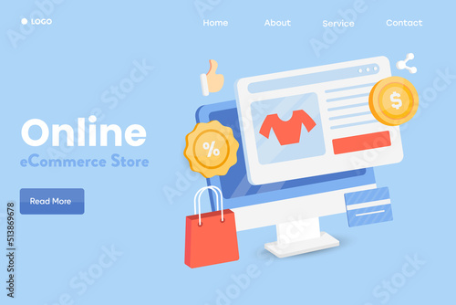 3d illustration concept of online shopping, purchasing item from ecommerce web store, digital shopping experience flat design vector web banner.