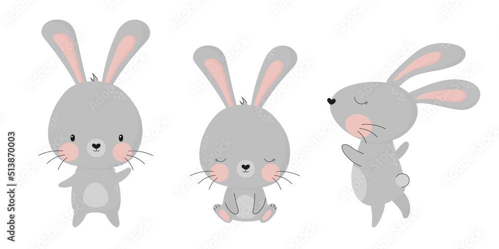 Collection of cute grey hand drawn bunnies Collection of cute grey hand drawn bunnies