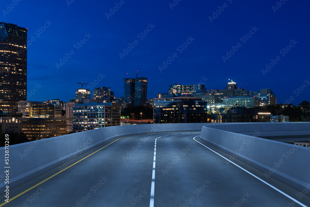 Fototapeta premium Empty urban asphalt road exterior with city buildings background. New modern highway concrete construction. Concept way to success. Transportation logistic industry fast delivery. Seattle. USA.