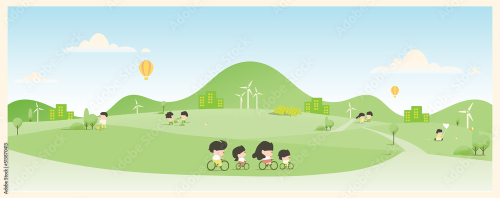 Vector illustration of eco friendly concept.Flat banner Environmentally friendly.hand drawn cartoon people in a city.Ride bicycle,plant a tree.Clean nature concept.Renewable energy power.Think green