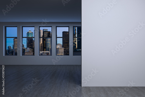 Downtown Seattle City Skyline Buildings from High Rise Window. Beautiful Expensive Real Estate overlooking. Empty room Interior. Mockup wall. Skyscrapers Cityscape. Night. USA. 3d rendering