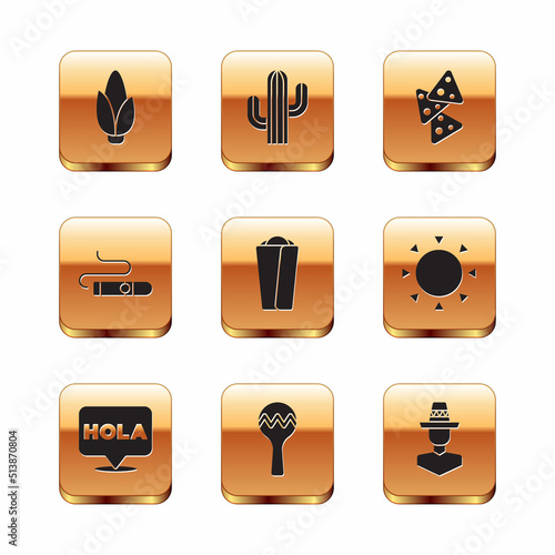 Set Corn, Hola, Maracas, Burrito, Cigar, Nachos, Mexican man sombrero and Cactus icon. Vector