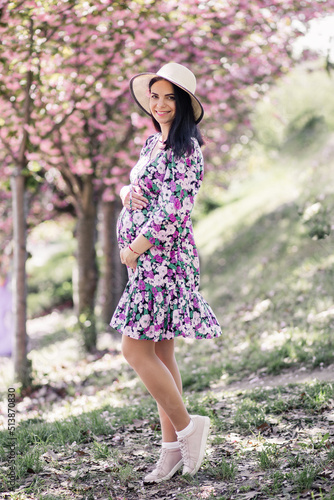 a pregnant girl in a dress near the sakura in the garden © dyachenkopro