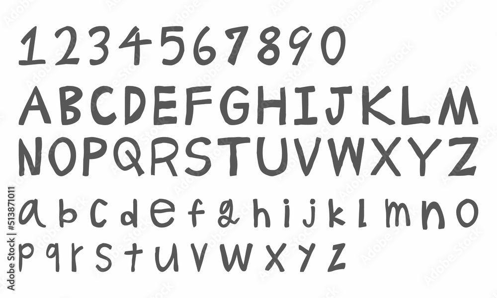 手書きの大文字と小文字のアルファベットと数字のベクター素材のセット