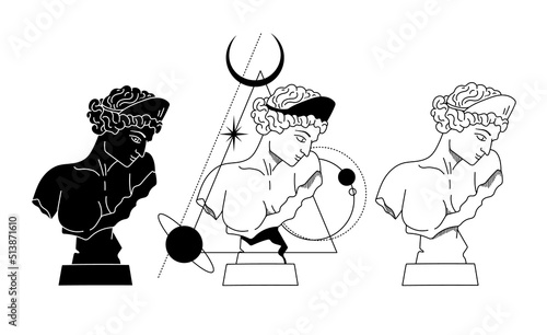 Mystical Goddess or nymph ancient greek statue, vector black white celestial greek bust silhouettes, antique sculptures with moon, planet and stars, fantasy hand drawn isolated clip art set