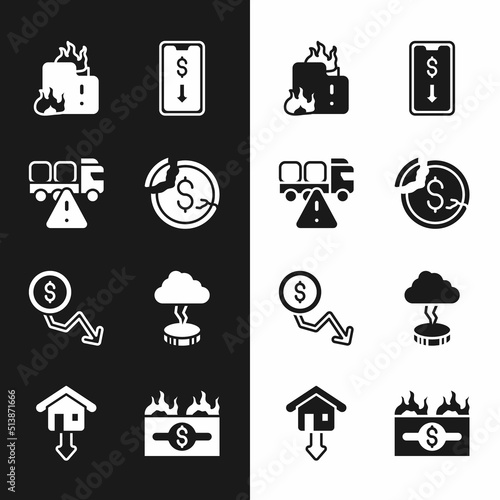 Set Dollar rate decrease, Stop delivery cargo truck, Fire in burning house, Mobile stock trading, Storm, Burning dollar bill and Falling property prices icon. Vector
