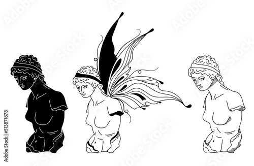Mystical Goddess ancient greek statue, vector black white greek bust silhouettes, antique nymph with butterfly wings sculptures, fantasy hand drawn isolated clip art