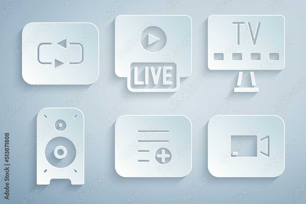 Set Add to playlist, Smart Tv, Stereo speaker, Play video button, Live stream and Repeat icon. Vector Set Add to playlist, Smart Tv, Stereo speaker, Play video button, Live stream and Repeat icon. Vector