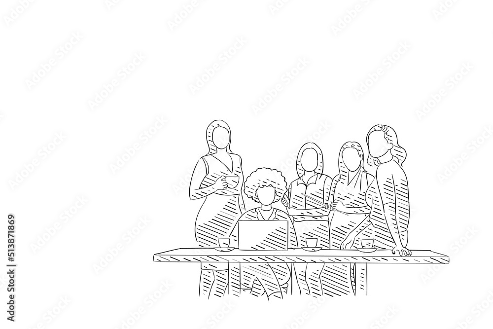 Group of young, strong, and independect woman posing together. Hand drawn sketch vector illustration design. Group of young, strong, and independect woman posing together. Hand drawn sketch vector illustration design.