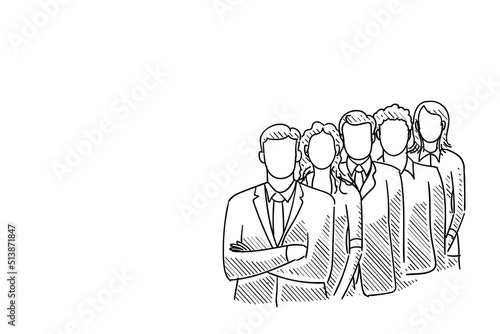 Confident worker standing together group photo. Hand drawn character vector illustration design.