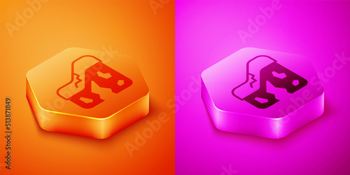 Isometric Geological fault icon isolated on orange and pink background. Structural geology. Hexagon button. Vector