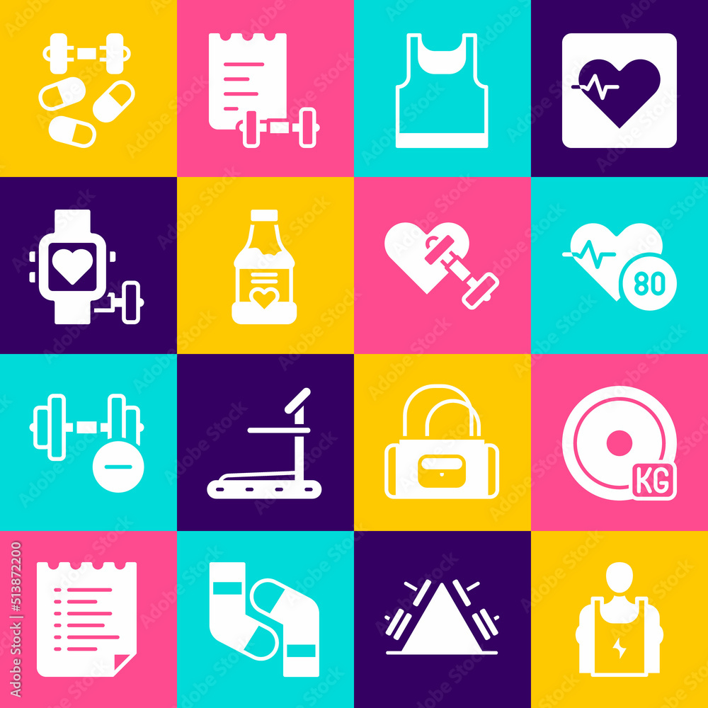 Set Bodybuilder, Weight plate, Heart rate, Sleeveless t-shirt, Vitamins, Smart watch with heart, Sports doping dumbbell and Dumbbell icon. Vector Set Bodybuilder, Weight plate, Heart rate, Sleeveless t-shirt, Vitamins, Smart watch with heart, Sports doping dumbbell and Dumbbell icon. Vector