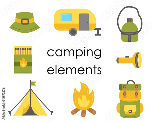 Set of flat camping elements for creating logos, cards and posters.