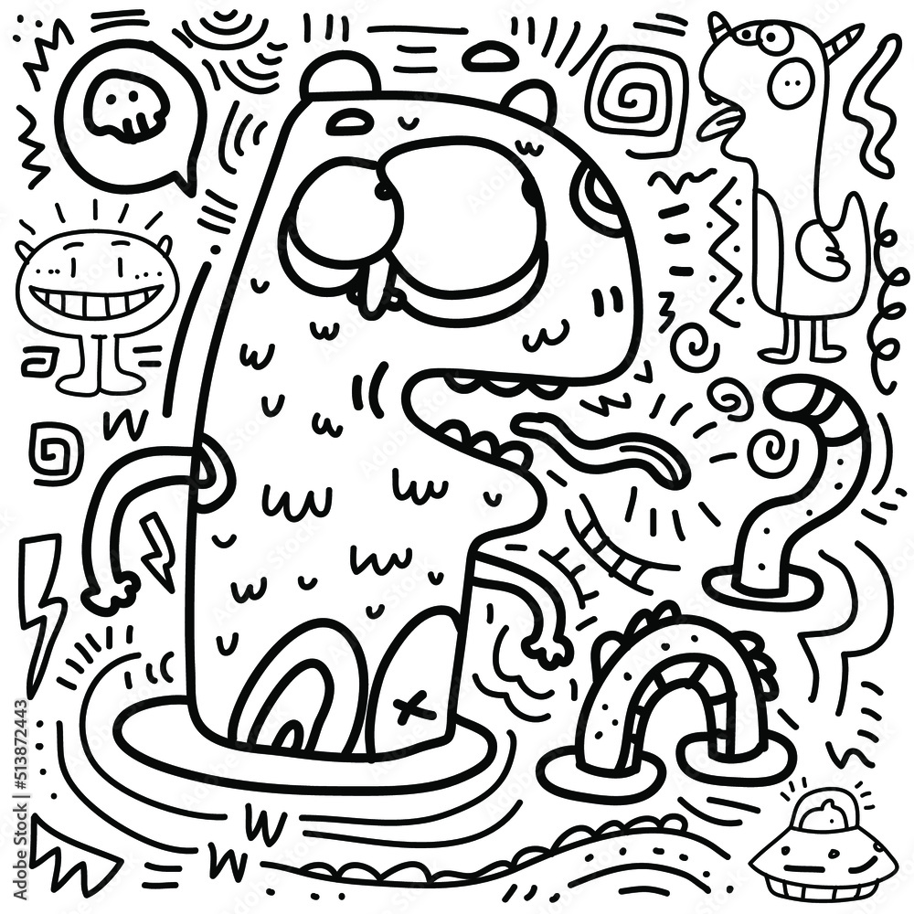 Fototapeta premium pattern character with doodle monsters, coloring page-02