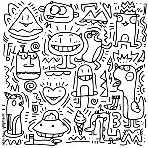 pattern character with doodle monsters, coloring page-02