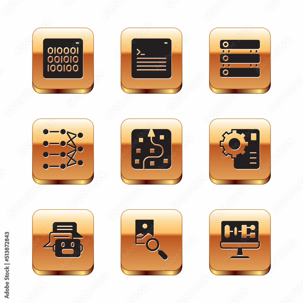 Set Binary code, Chat bot, Photo retouching, Neural network, Server, Data, Algorithm and Web developer programming icon. Vector Set Binary code, Chat bot, Photo retouching, Neural network, Server, Data, Algorithm and Web developer programming icon. Vector