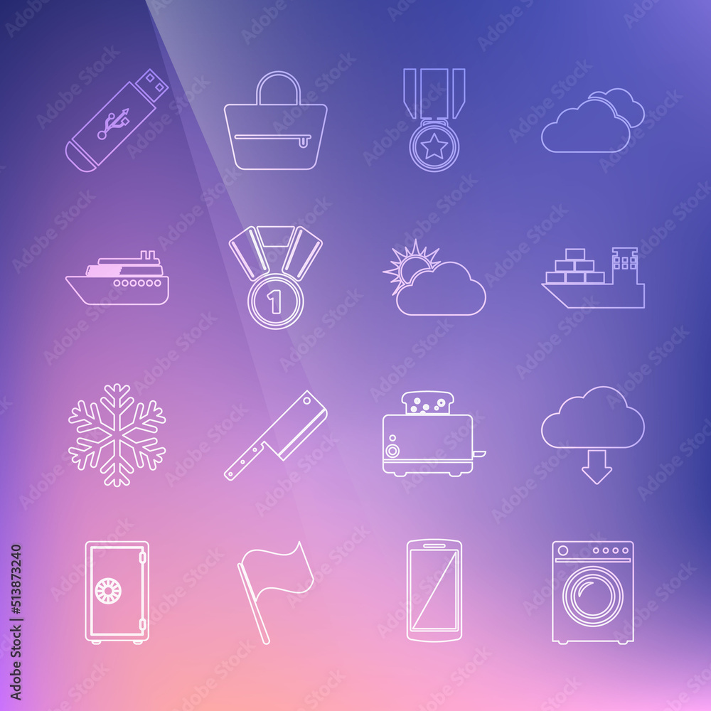Set line Washer, Cloud download, Cargo ship, Medal with star, Ship, USB flash drive and Sun and cloud weather icon. Vector