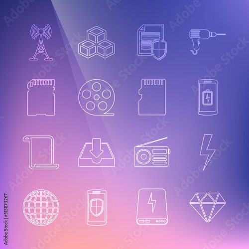 Set line Diamond, Lightning bolt, Smartphone battery charge, Document protection, Film reel, SD card, Antenna and Micro memory icon. Vector